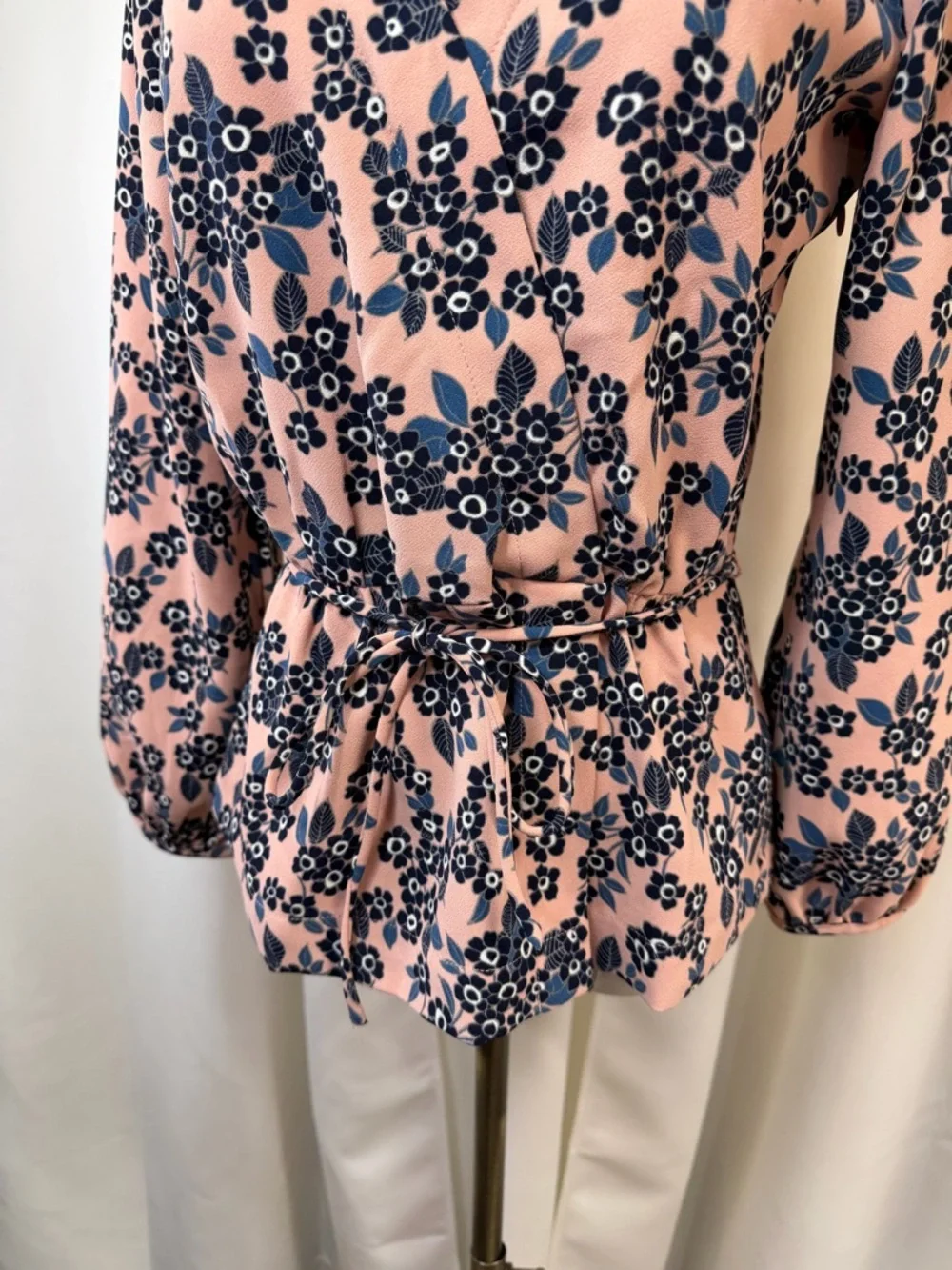 J. Crew Pink & Blue Floral Print Faux Wrap Crepe Blouson Sleeve Blouse Size 4